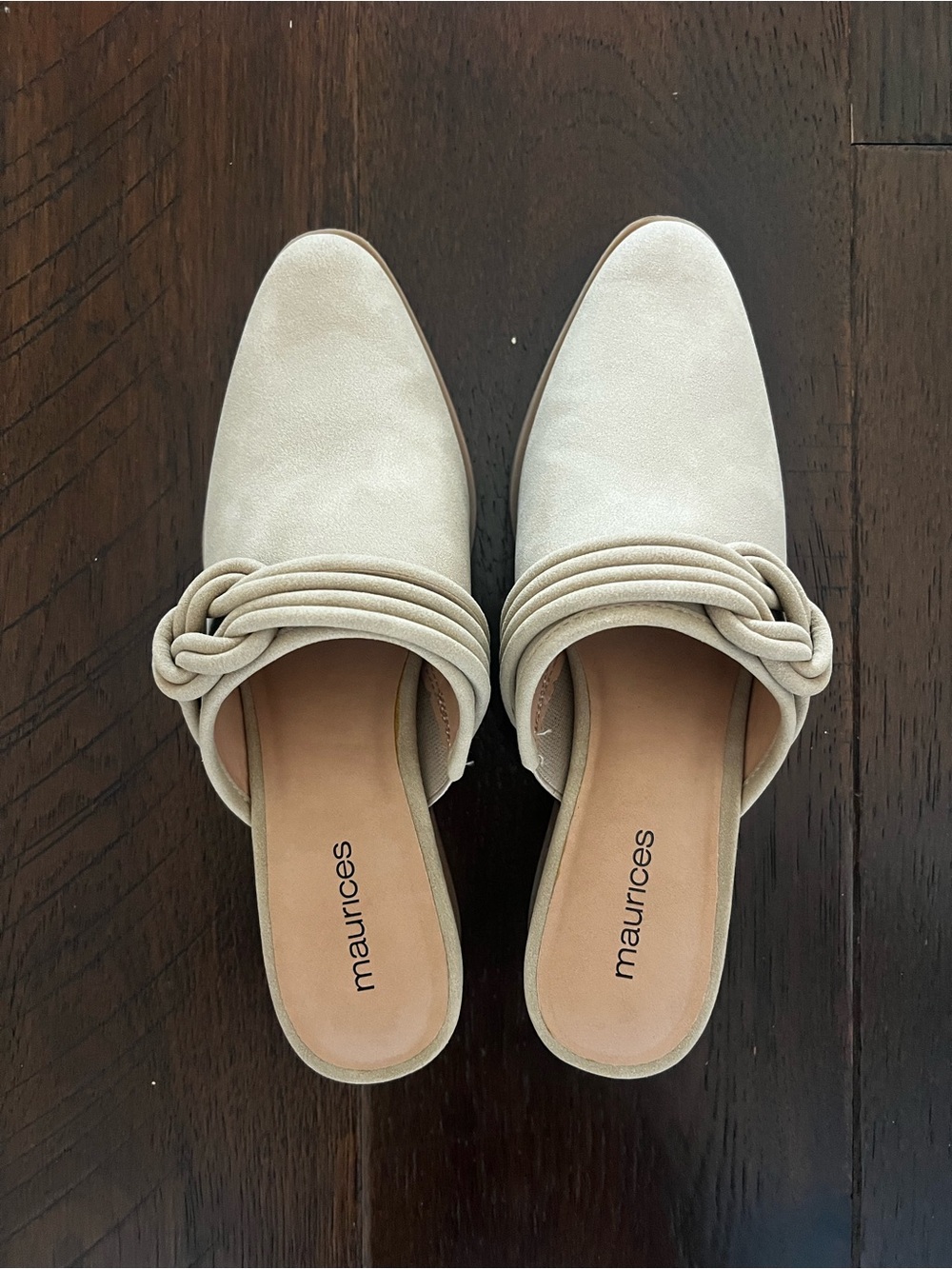 Maurices super Cush Bailey pointed toe slip on knot mule in sand